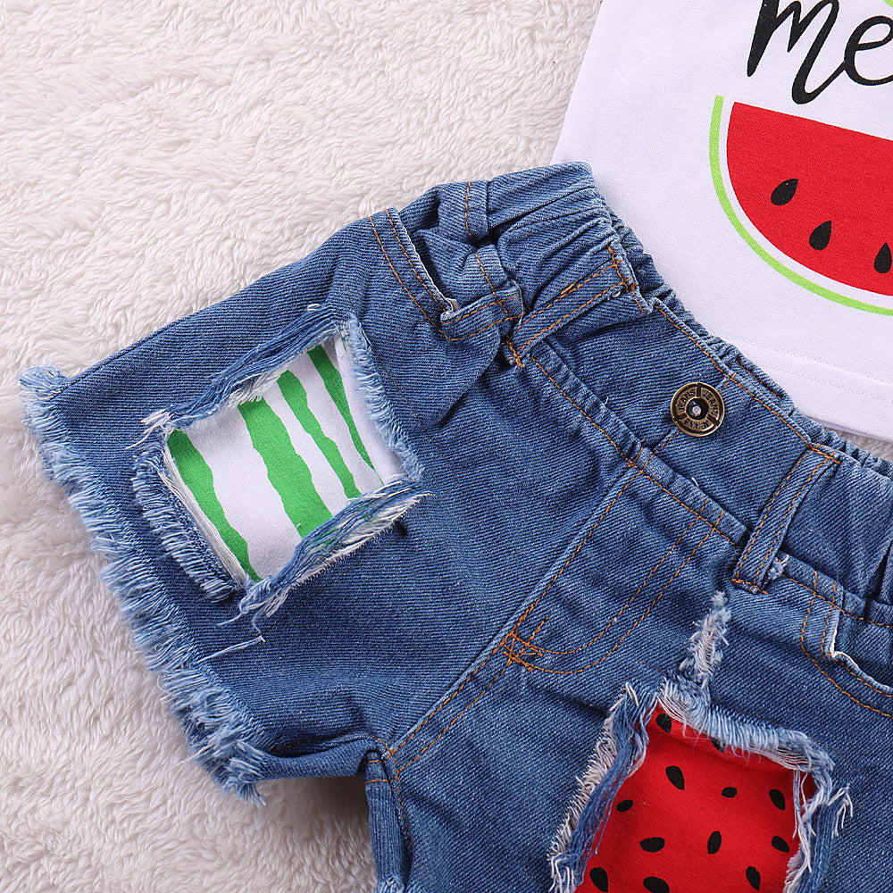 Watermelon Print Hole Denim Two-piece Suit