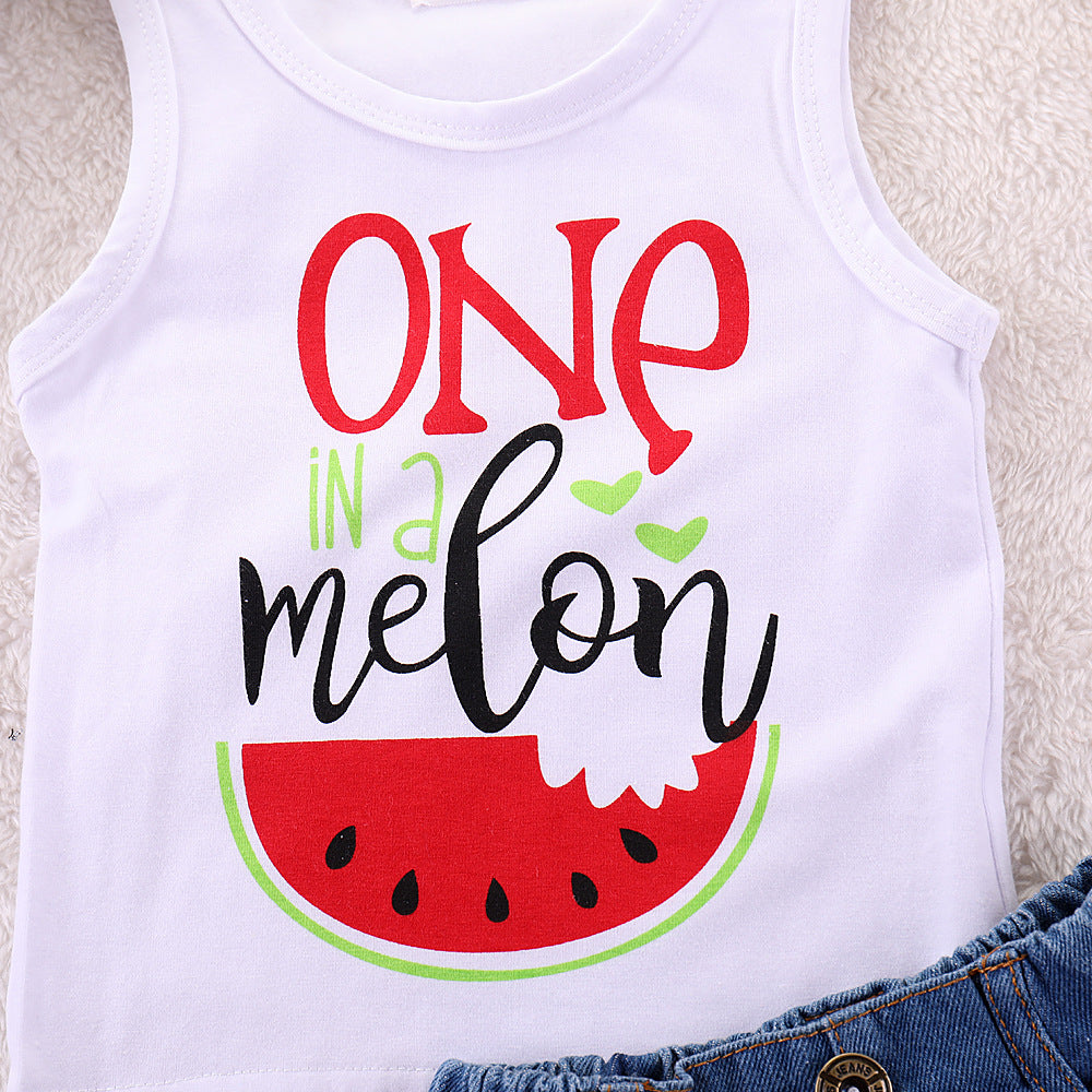 Watermelon Print Hole Denim Two-piece Suit