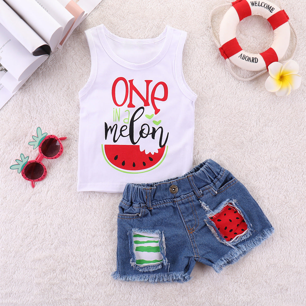 Watermelon Print Hole Denim Two-piece Suit