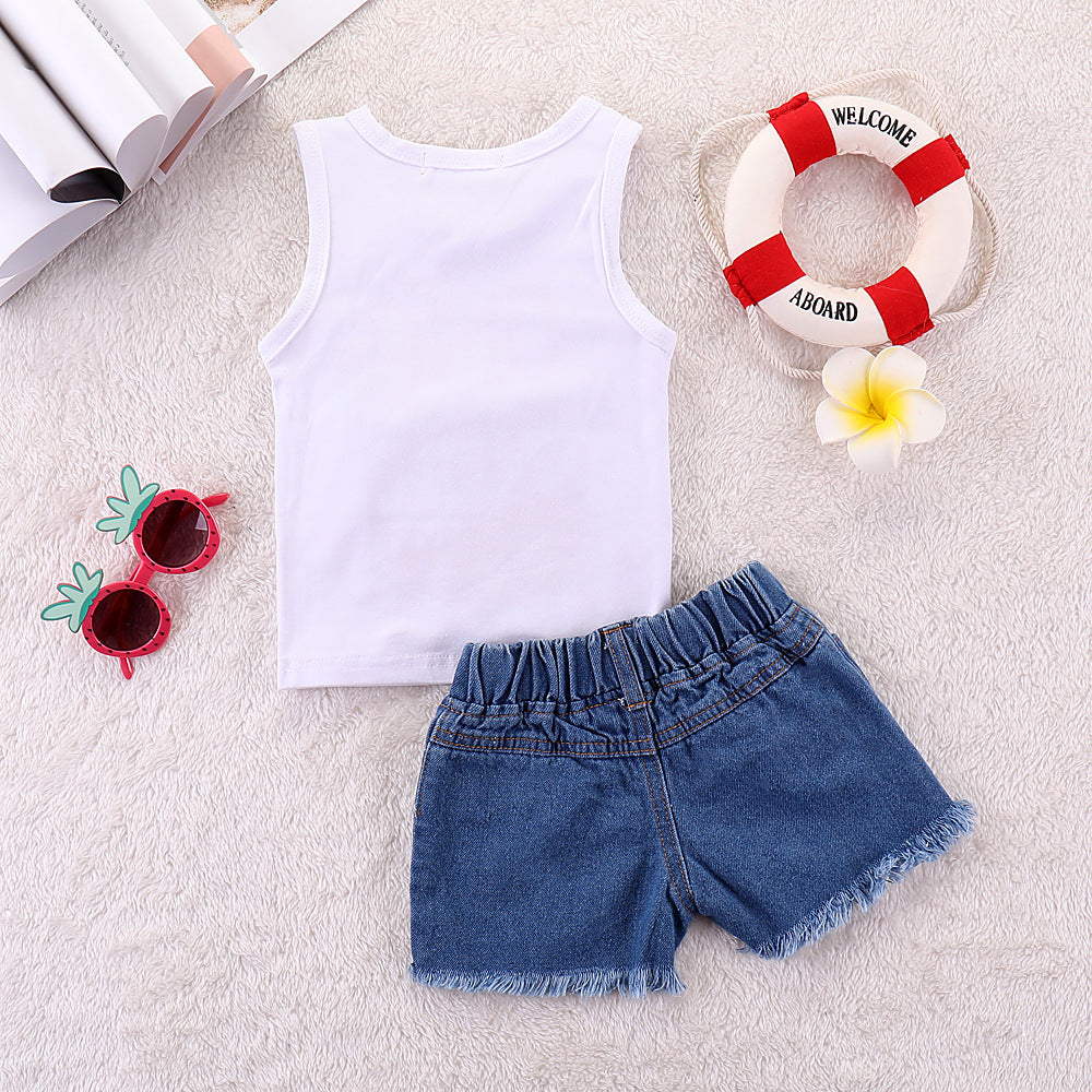 Watermelon Print Hole Denim Two-piece Suit