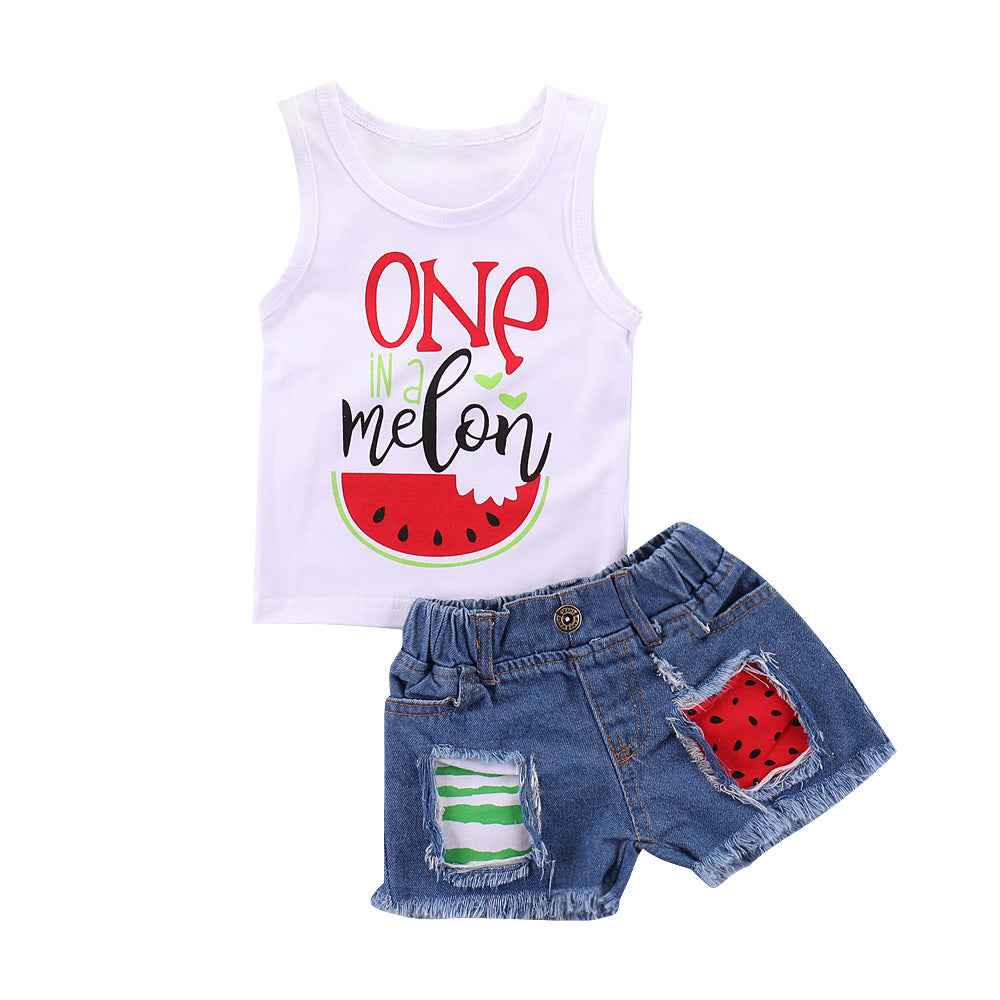 Watermelon Print Hole Denim Two-piece Suit