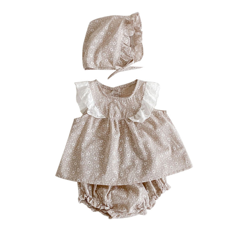 Plaid Small Daisy Print Sleeveless Shirt Suit Top  Bread Pants  Hat Three-Piece Suit