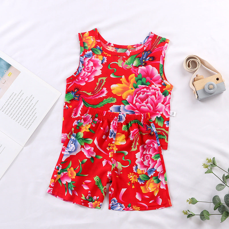 Thin Cotton Silk Floral Hanging Vest Suit