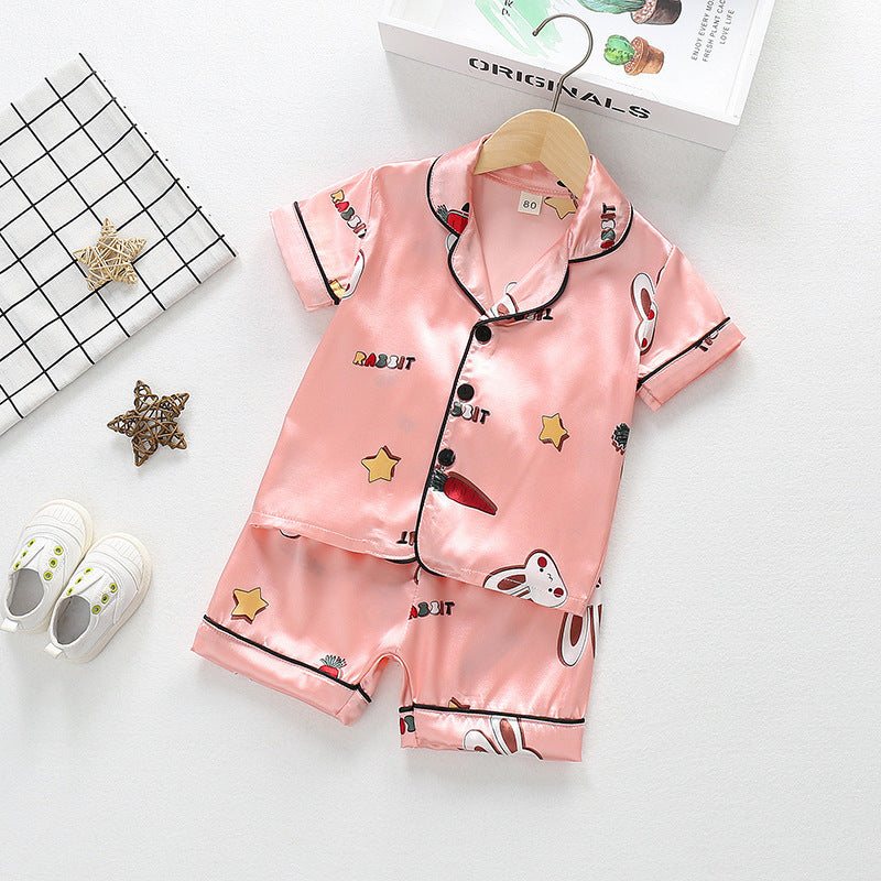 Summer Boys And Girls Cartoon Animal Ice Silk Short-sleeved Cardigan Shorts Pajamas