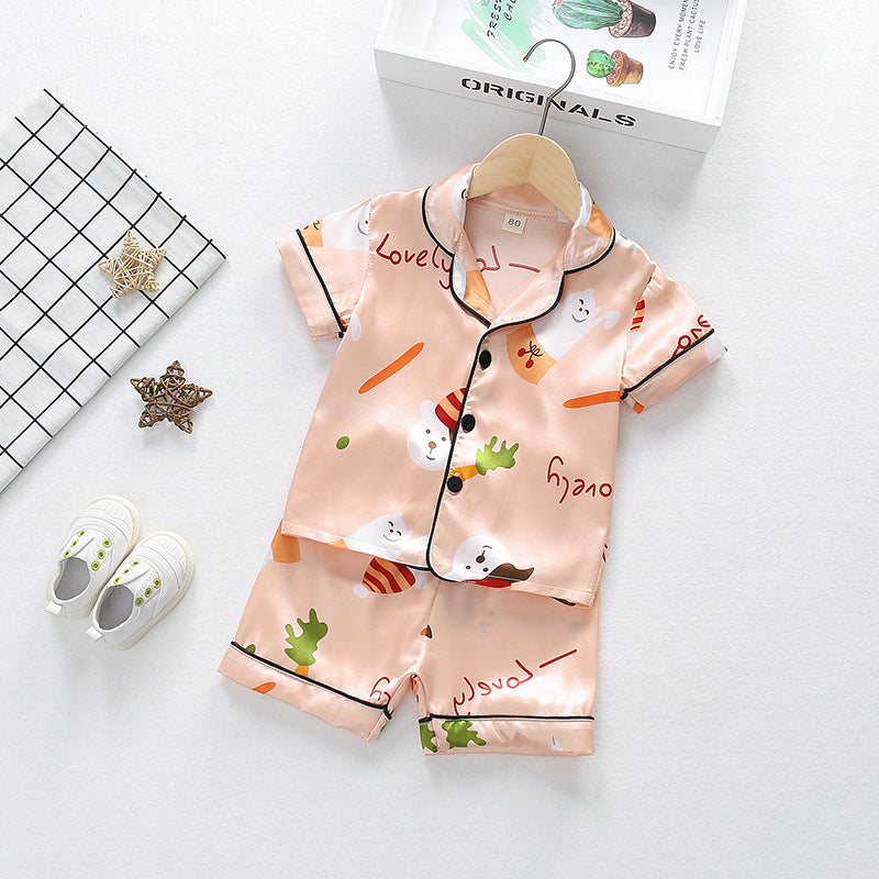Summer Boys And Girls Cartoon Animal Ice Silk Short-sleeved Cardigan Shorts Pajamas