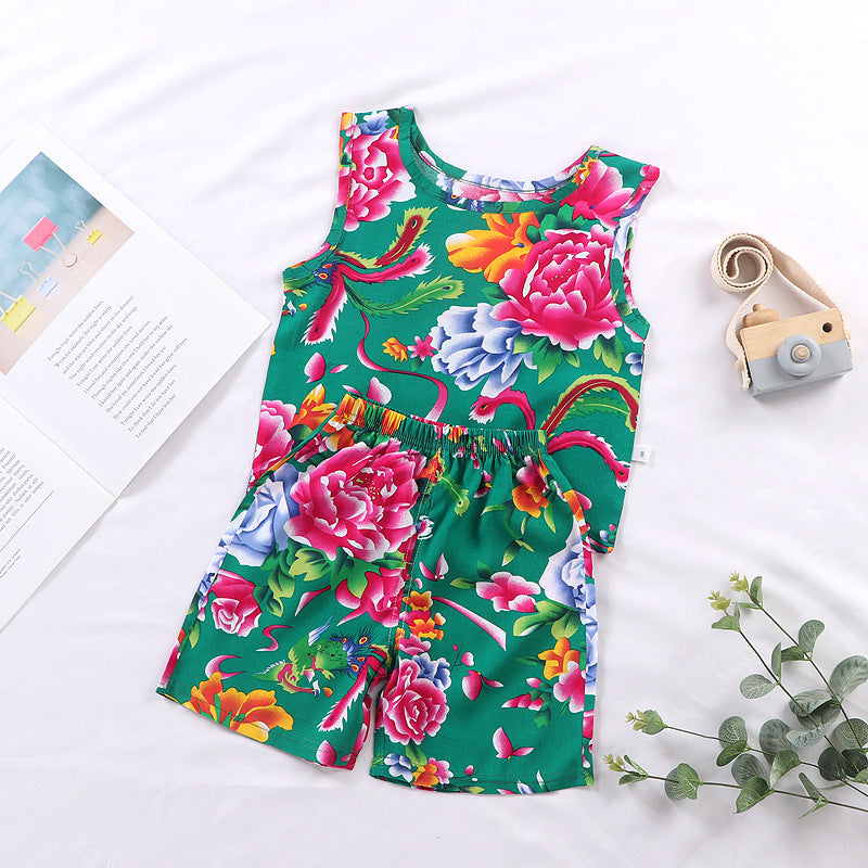 Thin Cotton Silk Floral Hanging Vest Suit