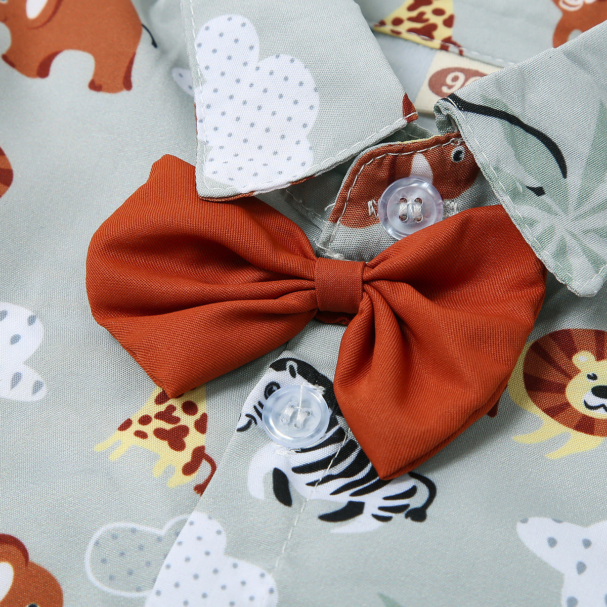 Critter Print Bow Tie Short Sleeve Shirt Set