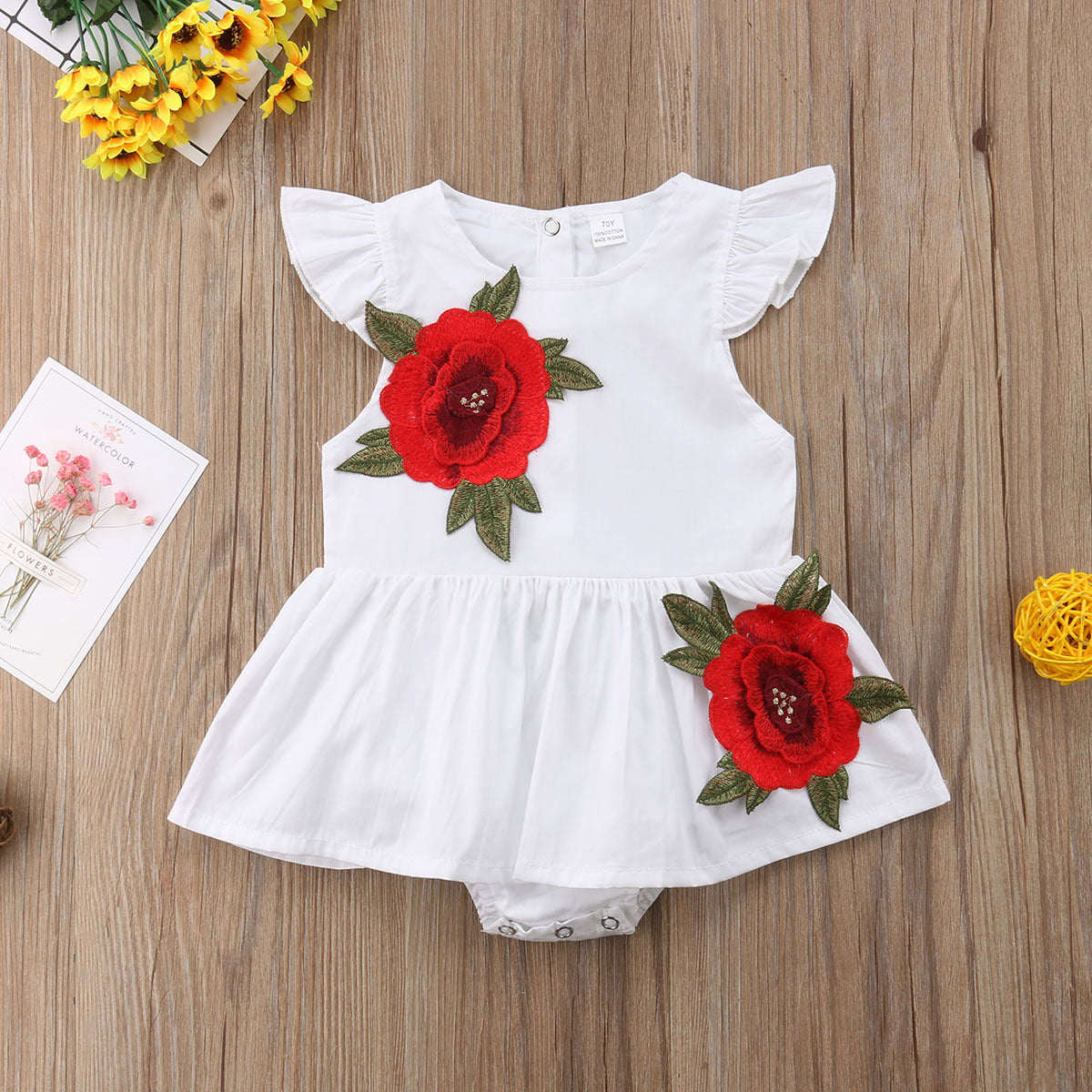 Summer Flying Sleeve Rose Flower Girl Skirt Romper