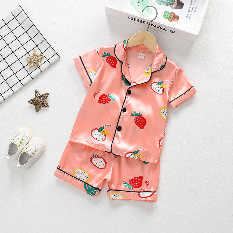 Summer Boys And Girls Cartoon Animal Ice Silk Short-sleeved Cardigan Shorts Pajamas