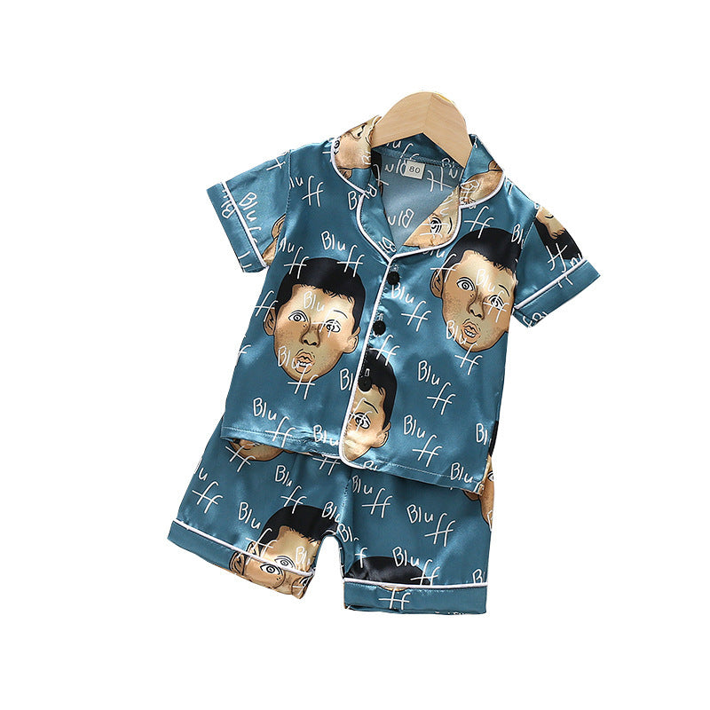 Summer Boys And Girls Cartoon Animal Ice Silk Short-sleeved Cardigan Shorts Pajamas
