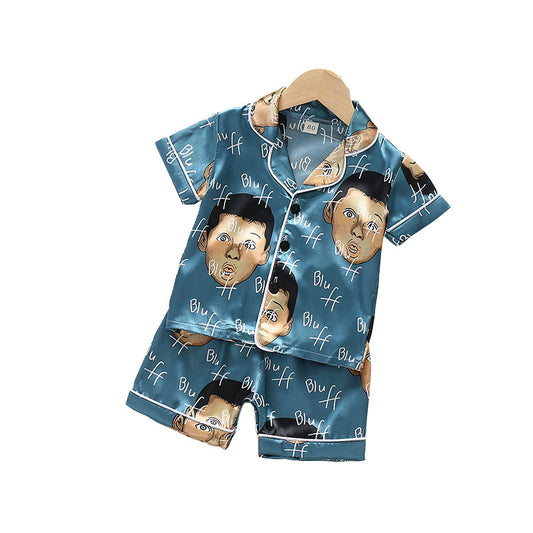 Summer Boys And Girls Cartoon Animal Ice Silk Short-sleeved Cardigan Shorts Pajamas