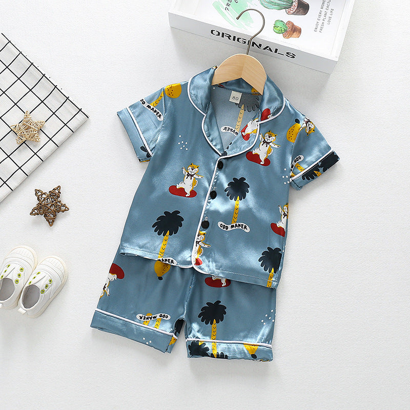 Summer Boys And Girls Cartoon Animal Ice Silk Short-sleeved Cardigan Shorts Pajamas