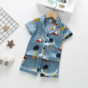 Summer Boys And Girls Cartoon Animal Ice Silk Short-sleeved Cardigan Shorts Pajamas
