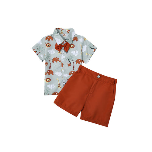 Critter Print Bow Tie Short Sleeve Shirt Set