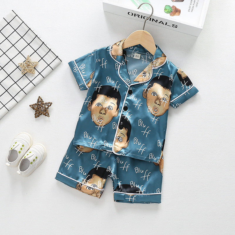Summer Boys And Girls Cartoon Animal Ice Silk Short-sleeved Cardigan Shorts Pajamas