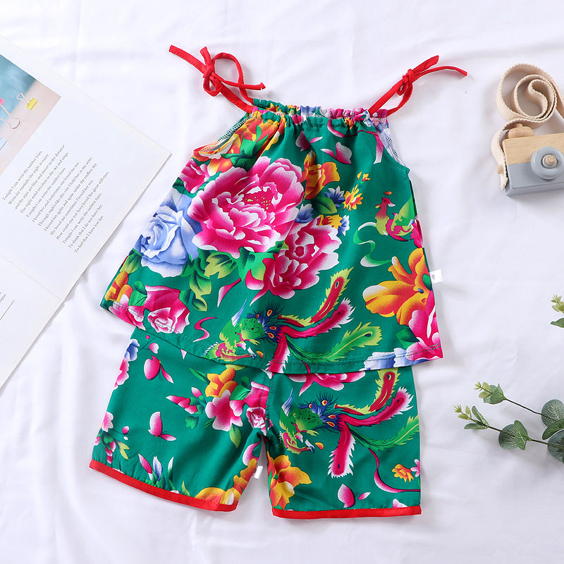 Thin Cotton Silk Floral Hanging Vest Suit