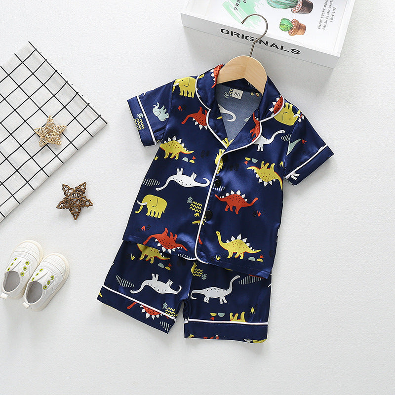 Summer Boys And Girls Cartoon Animal Ice Silk Short-sleeved Cardigan Shorts Pajamas