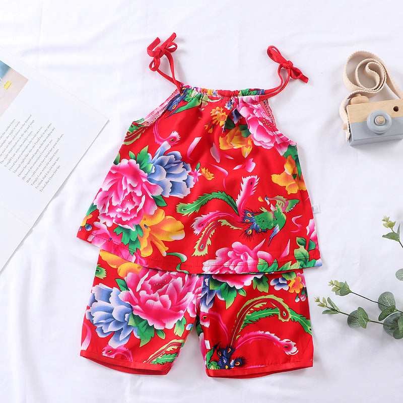 Thin Cotton Silk Floral Hanging Vest Suit