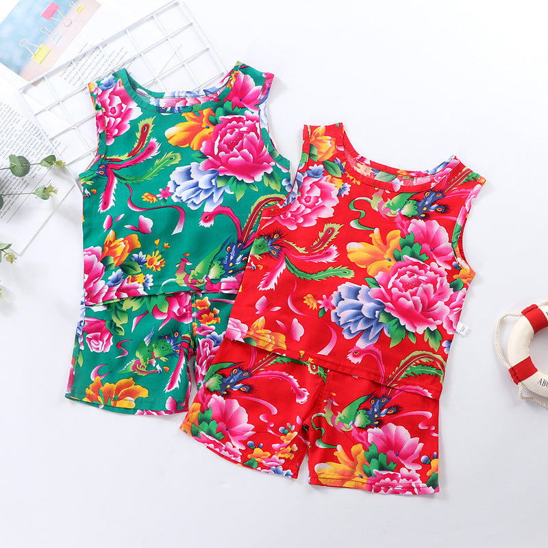 Thin Cotton Silk Floral Hanging Vest Suit
