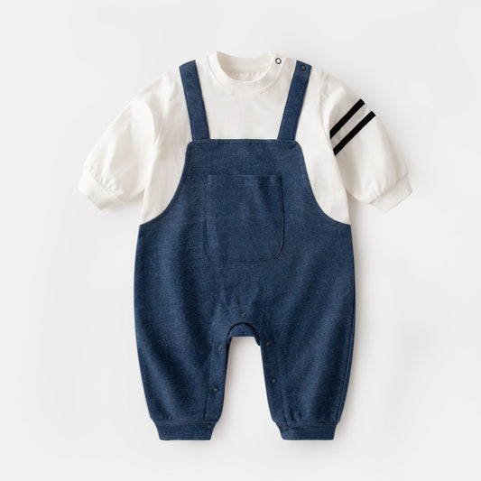 Denim Strap Fake Two-piece Stitching Jumpsuit
