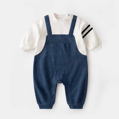 Denim Strap Fake Two-piece Stitching Jumpsuit